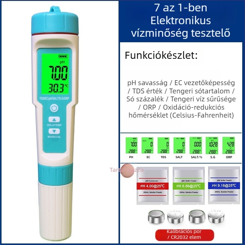 Kézi vízminőség-analizáló – hét az egyben, ORP, pH (0-14), TDS (0-9999 ppm), sótartalom; pH-tartomány 0-14, TDS-tartomány 0-9999 ppm, pontosság 0.01, energiaellátás 3x1.5V