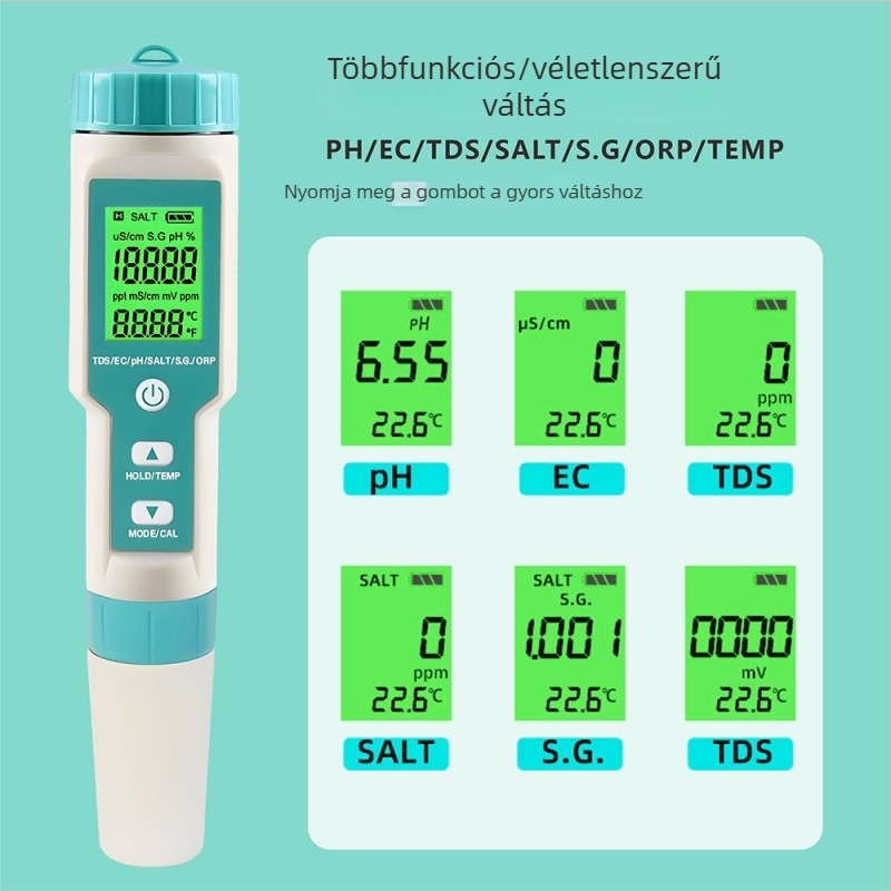 Hordozható vízminőség-elemző, modell C-600; pH-tartomány 0–14, pH-pontosság 0,01; energiaellátás: 3×1,5V