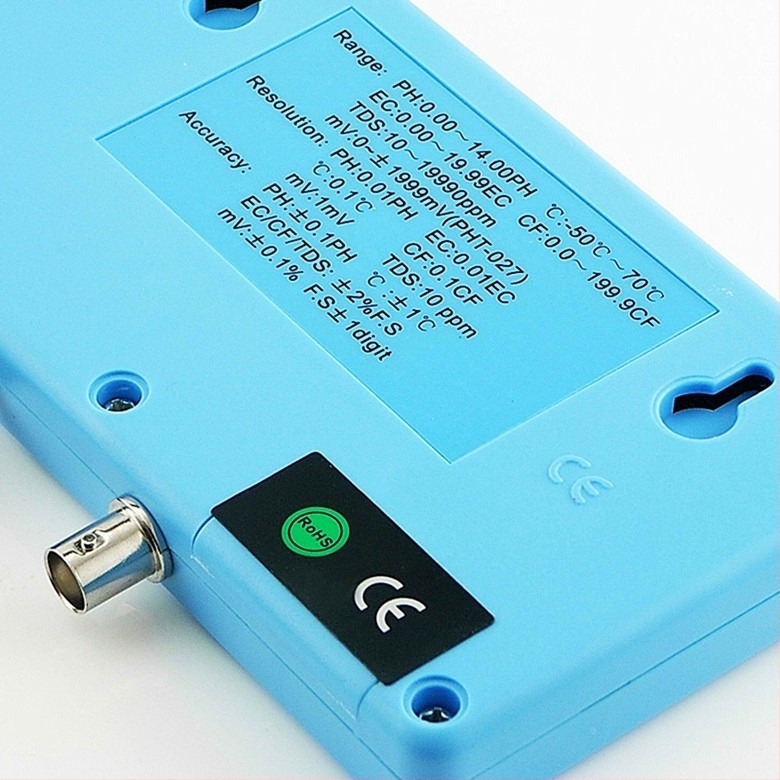 6-in-1 multiparaméteres vízminőség-ellenőrző készülék digitális kijelzővel és összetett elektróddal: pH 0.00–14.00, pH ±0.1, hőmérséklet ±1.0°C, EC/CF/TDS ±2% F.S., hőmérséklet-kompenzáció 0–50°C