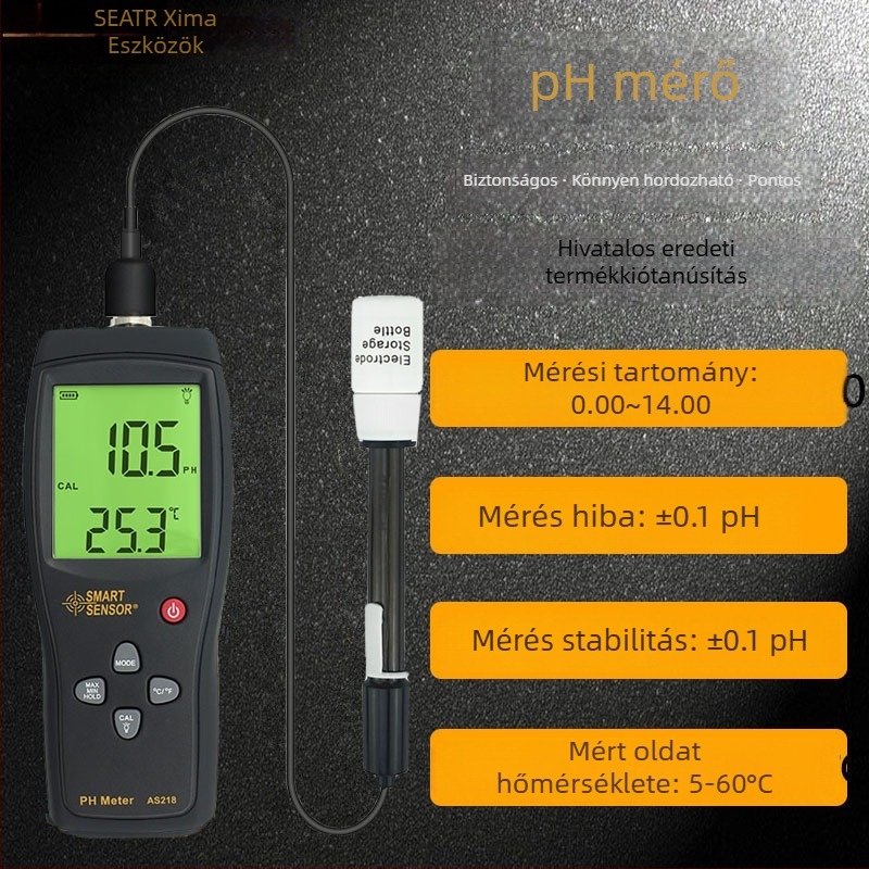 AS218 Kényelmes pH mérő akváriumvízhez – SMART SENSOR, Digitális kijelző, Megosztott szenzor, Pontosság 0.05 pH, Hőmérséklet-kompenzáció 0–60°C, 9V tápegység