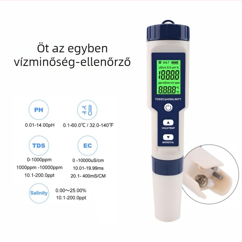 Öt az egyben hordozható vízminőségi analizátor, pH, TDS, EC és hőmérséklet mérésével, Ez-9909a modell; pH-tartomány 0,01–14,00; pontosság 0,01 pH; felbontás 0,02; tápegység 3×1,5V.