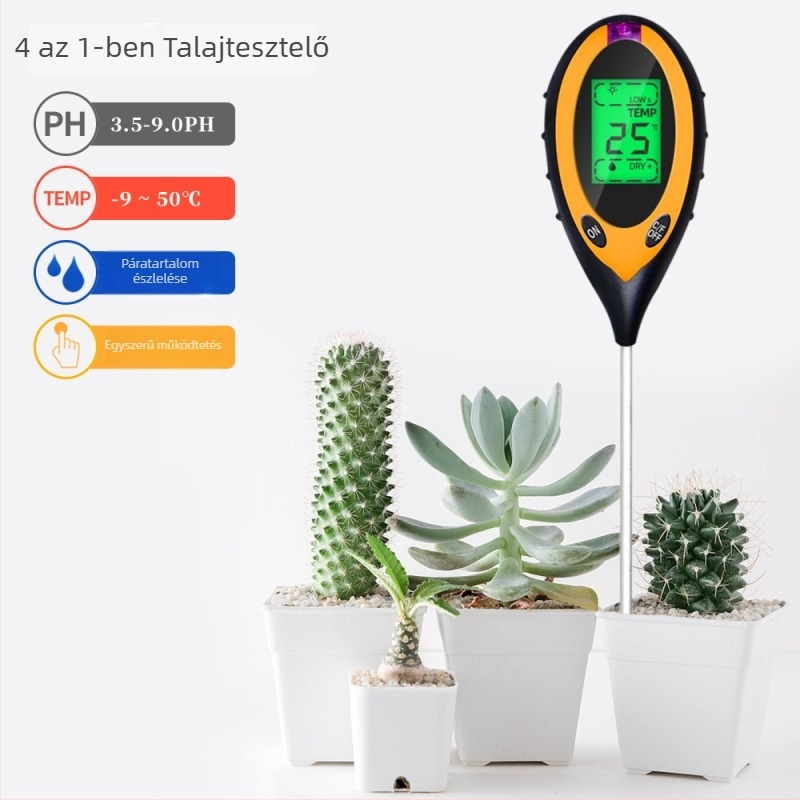 Trickle SPH004 4‑az‑1-ben talajteszter nedvesség, hőmérséklet és pH mérésével, pontosság 1°C/1°F, pH-tartomány 3.5–9.0, hőmérséklet -9…50°C