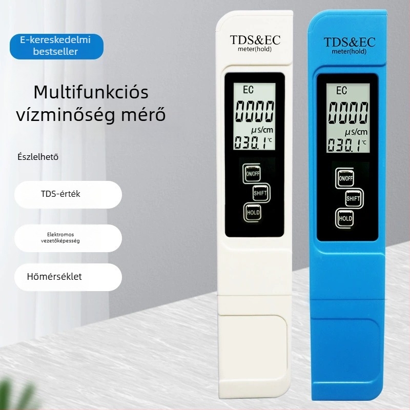 Kézi vízminőség-analizátor - pH és összes keménység mérése, tartomány 0-9999 ppm / 1-14 pH / 0-9999 μS/cm, 3V tápegység, modell RWtds02