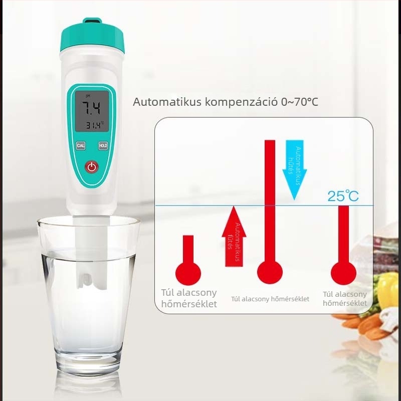 Hordozható pH-mérő vízminőséghez, 0,1–14,0 pH tartomány, 0,1 pH pontosság, 0–50 °C hőmérséklet-kompenzáció; integrált / elválasztott elektróddal.