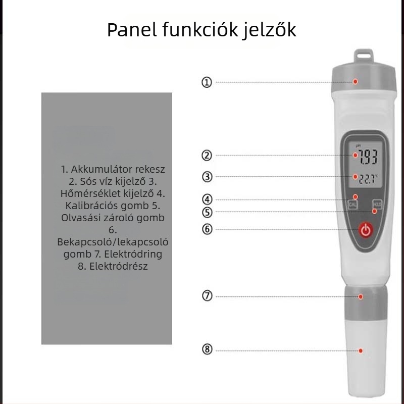 Hordozható pH-mérő vízminőséghez, 0,1–14,0 pH tartomány, 0,1 pH pontosság, 0–50 °C hőmérséklet-kompenzáció; integrált / elválasztott elektróddal.