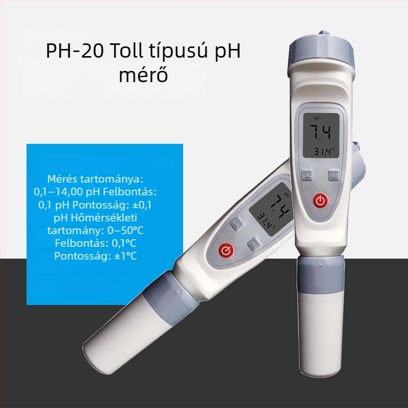 Hordozható pH-mérő vízminőséghez, 0,1–14,0 pH tartomány, 0,1 pH pontosság, 0–50 °C hőmérséklet-kompenzáció; integrált / elválasztott elektróddal.