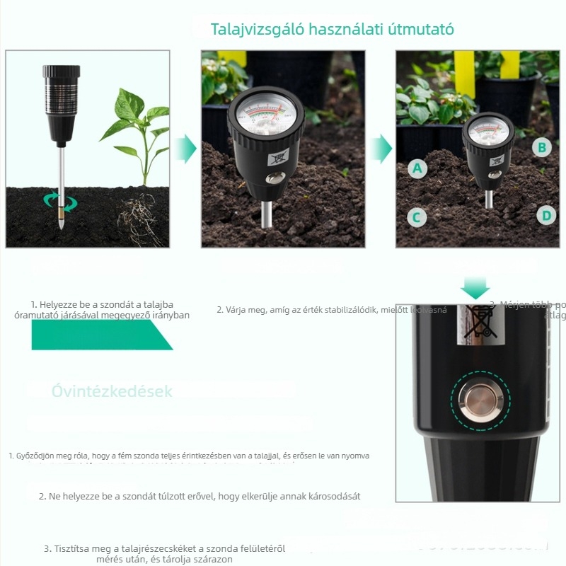 Hosszú talajtester pH-hoz és nedvességhez, pH- és nedvességmérő, modell TPH01807-1