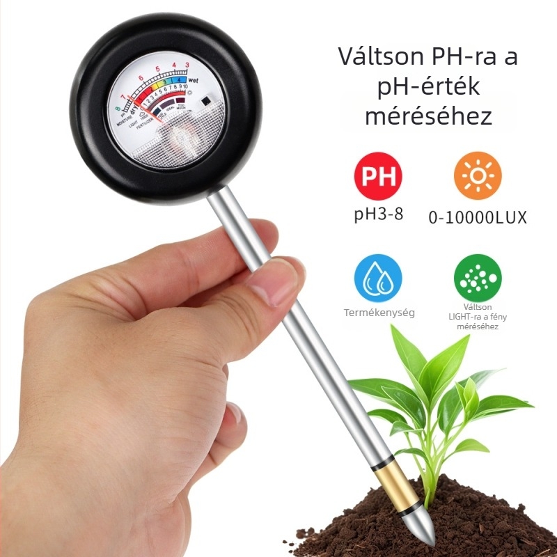 4 az 1-ben talajdetektor pH-érték, nedvesség, fény és talajtermékenység mérésére kerthez, gyephez és gyümölcsösökhöz