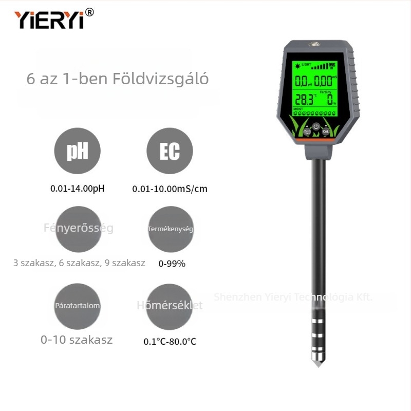 6-in-1 talajdetektor kerthez és cserepestálhoz, modell YY-1088, pH ±0,05, EC, nedvesség, fény, hőmérséklet