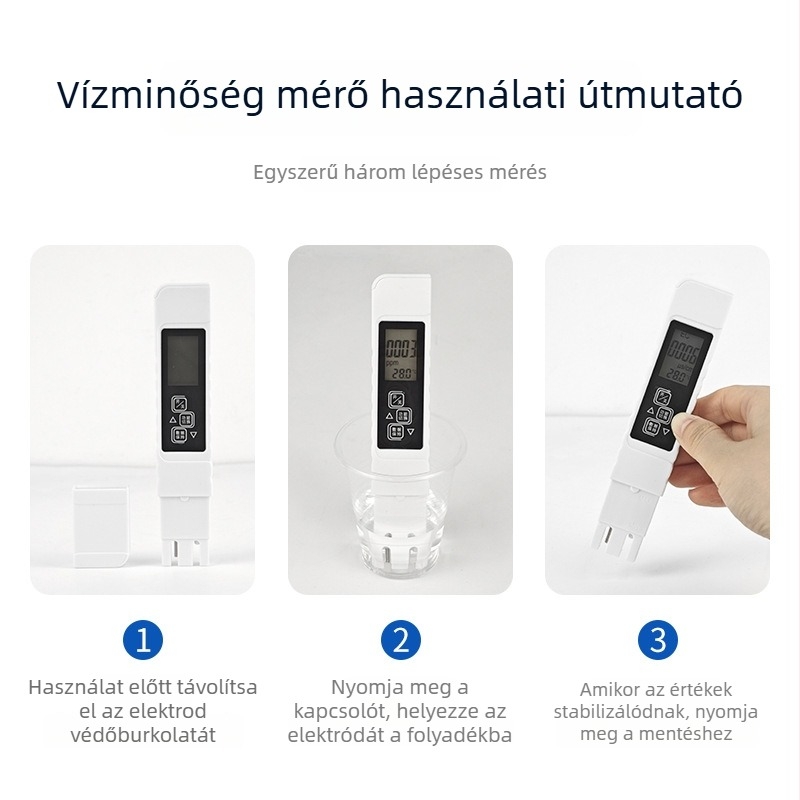 Hordozható TDS vízminőségi tester pH és oldott oxigén mérésével, tartomány 0–9999 ppm, vezetőképesség 0–9990 µS/cm, pontosság 2%, 3V tápegység