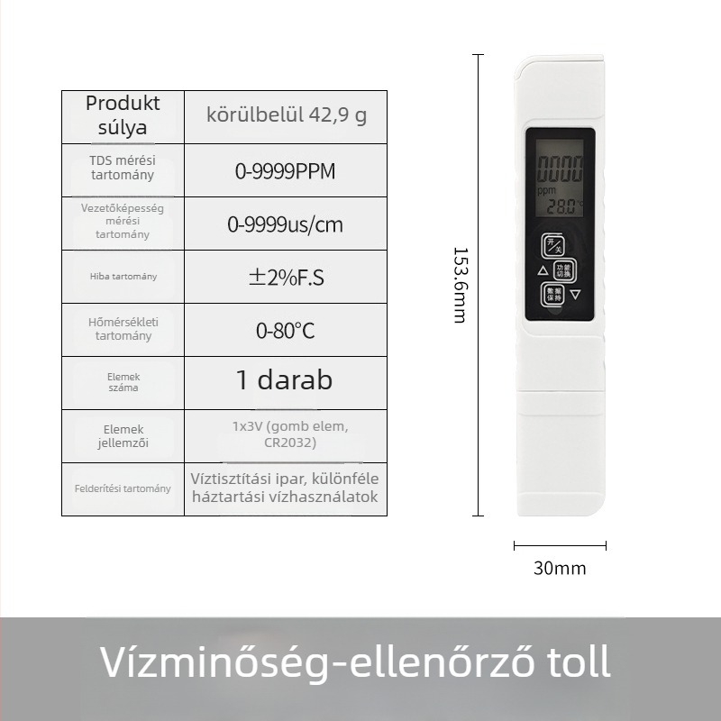Hordozható TDS vízminőségi tester pH és oldott oxigén mérésével, tartomány 0–9999 ppm, vezetőképesség 0–9990 µS/cm, pontosság 2%, 3V tápegység