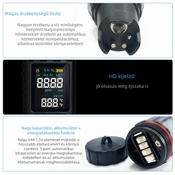 Hordozható vízminőség-elemző — méri a pH-t, EC/tds-t, sótartalmat és hőmérsékletet; ±2% FS pontosság; 3V tápegység