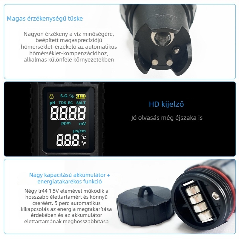 Hordozható vízminőség-elemző — méri a pH-t, EC/tds-t, sótartalmat és hőmérsékletet; ±2% FS pontosság; 3V tápegység