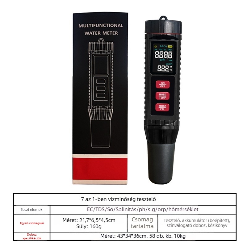 Hordozható vízminőség-elemző — méri a pH-t, EC/tds-t, sótartalmat és hőmérsékletet; ±2% FS pontosság; 3V tápegység