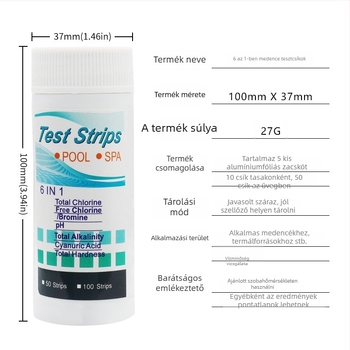 Uszodai tesztcsíkok 6-in-1: maradék klór, pH-érték, alkalinitás, keménység; 50 csík