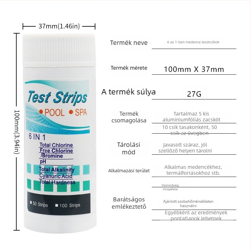 Uszodai tesztcsíkok 6-in-1: maradék klór, pH-érték, alkalinitás, keménység; 50 csík