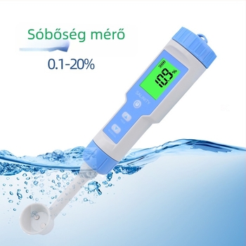 Hordozható vízminőség-elemző pH- és sótartalom mérésére; sótartomány 0-20%; pontosság 0,1; felbontás 0,1; működés 3×1,5V.