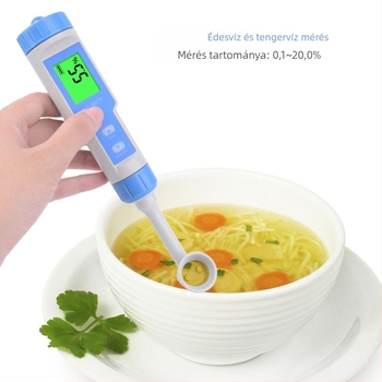 Hordozható vízminőség-elemző pH- és sótartalom mérésére; sótartomány 0-20%; pontosság 0,1; felbontás 0,1; működés 3×1,5V.