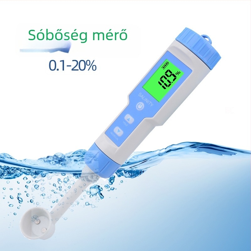 Hordozható vízminőség-elemző pH- és sótartalom mérésére; sótartomány 0-20%; pontosság 0,1; felbontás 0,1; működés 3×1,5V.