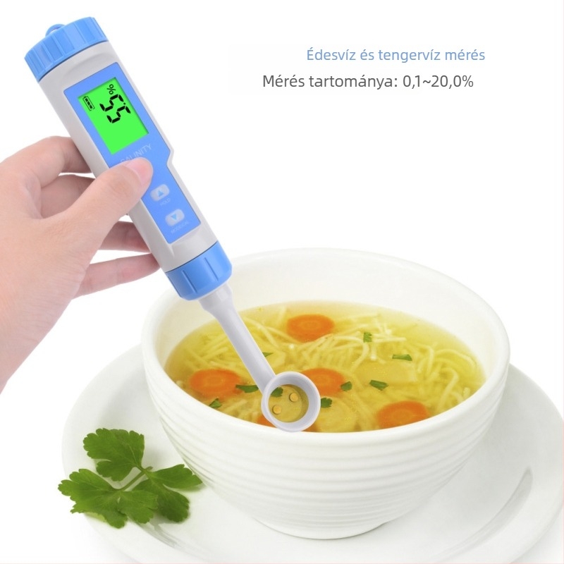 Hordozható vízminőség-elemző pH- és sótartalom mérésére; sótartomány 0-20%; pontosság 0,1; felbontás 0,1; működés 3×1,5V.