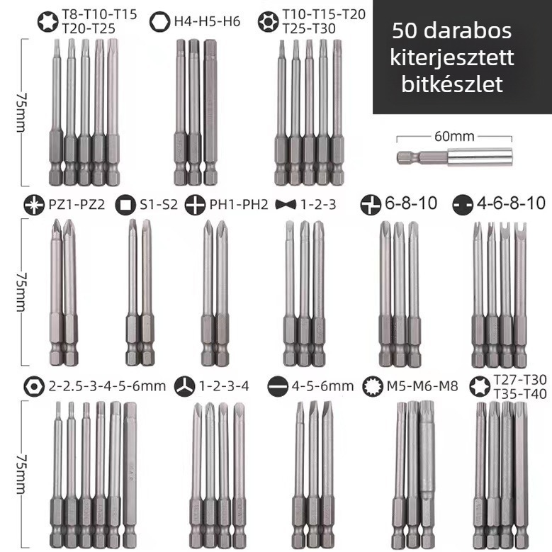 50 darab mágneses csavarhúzó bitkészlet króm-vanádium acélból, Phillips, lapos, hatszög és háromszög végű