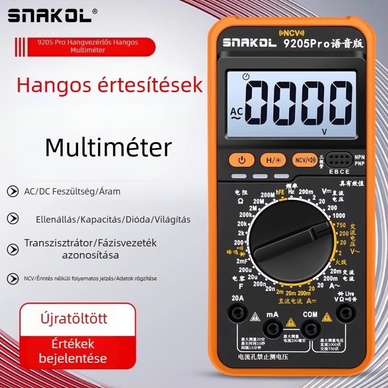 Sneco 9205Pro digitális multiméter hangos bejelentéssel, nagy pontosság, tranzisztorvédelem és adatok megőrzése