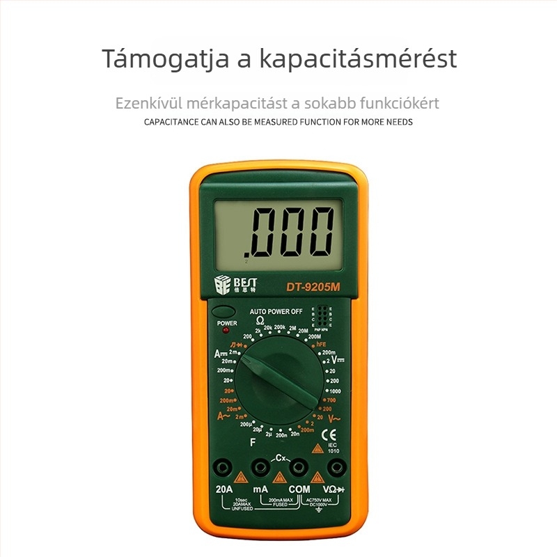 Digitális multiméter BES/Beth hallgatók számára, automatikus mérési tartomány; kapacitás 200 µF–2 nF; AC áram 2 mA–20 A