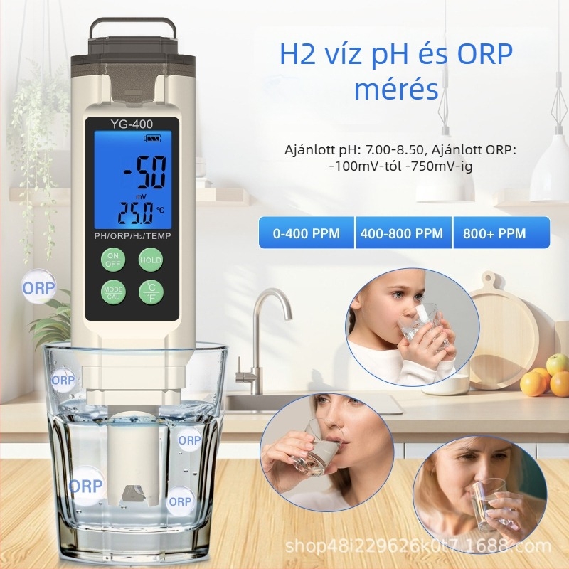 YG-400 4‑in‑1 vízminőség-ellenőrző – pH 0.00–14.00, ORP redox, hidrogénben gazdag víz, LR44×3 tápegység, úszómedencék és vízkezelő laboratóriumok számára