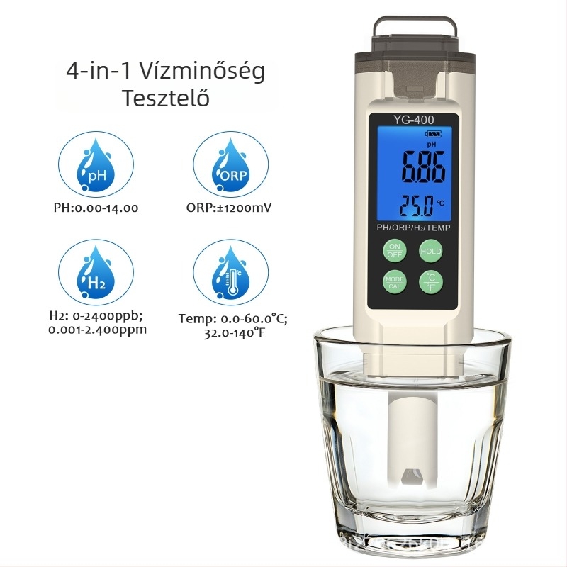YG-400 4‑in‑1 vízminőség-ellenőrző – pH 0.00–14.00, ORP redox, hidrogénben gazdag víz, LR44×3 tápegység, úszómedencék és vízkezelő laboratóriumok számára