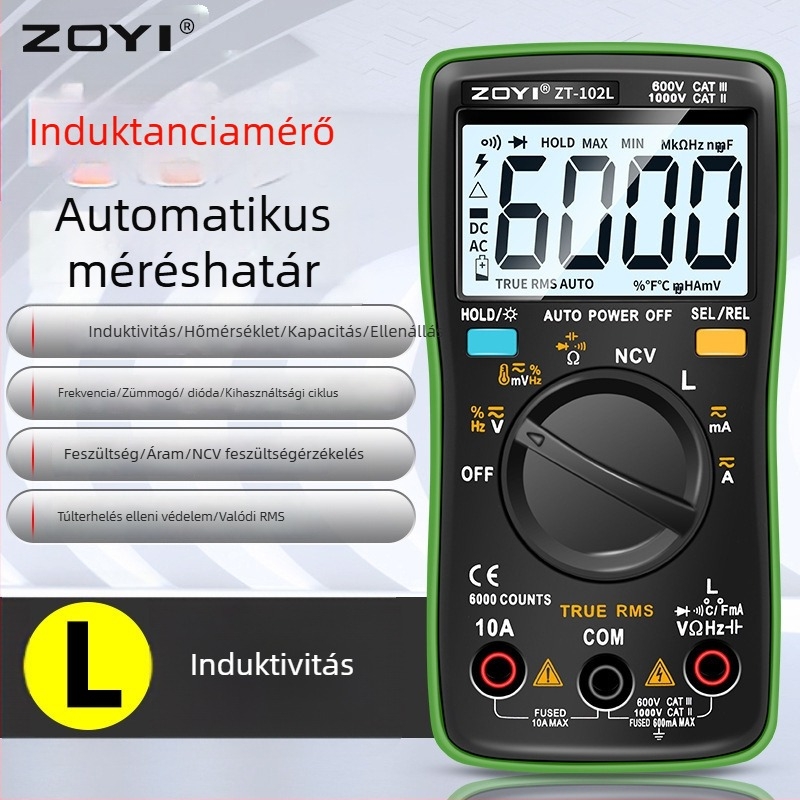 ZT-102L automatikus tartományú induktivitás mérő 60H, magas precizitás, égés elleni védelem, kapacitás és hőmérséklet mérés