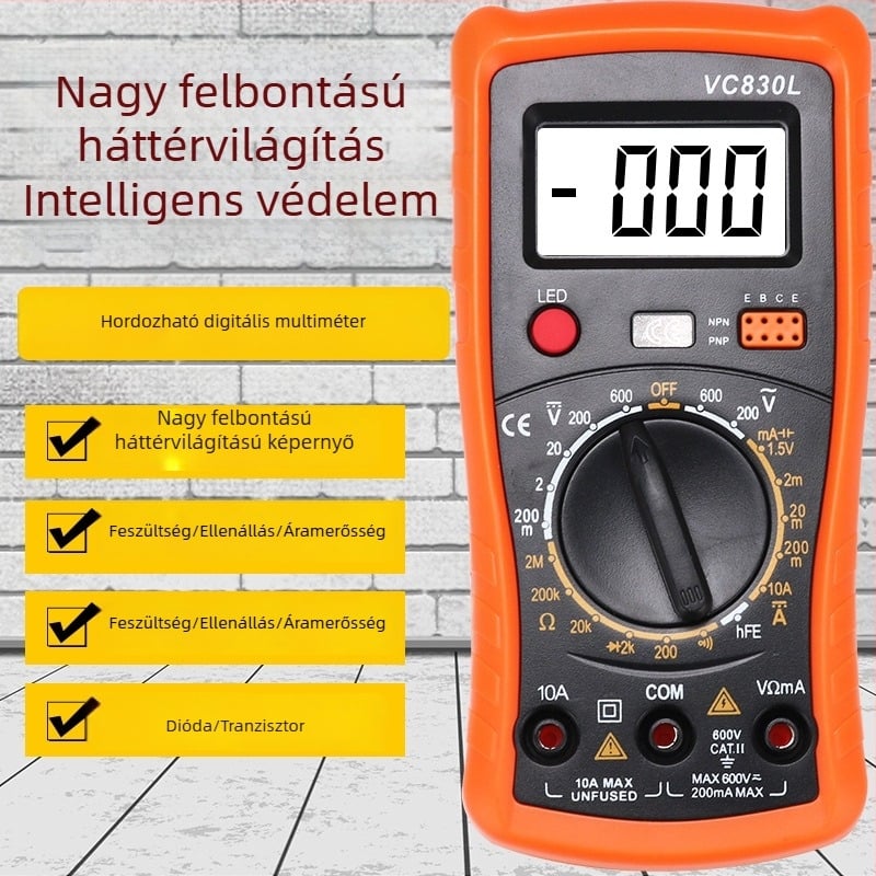 Precíz digitális multiméter, zsebméretű, A830L modell, teljes védelemmel és hangjelzővel