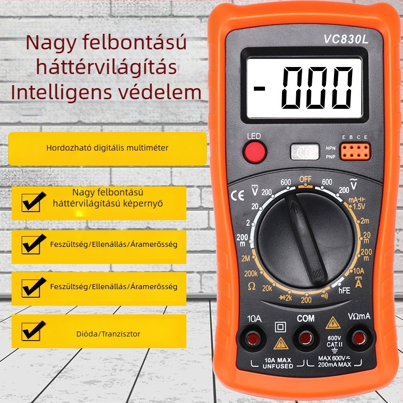 Precíz digitális multiméter, zsebméretű, A830L modell, teljes védelemmel és hangjelzővel