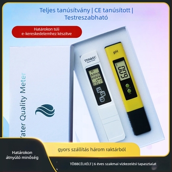 Hordozható vízminőség-analizátor pH és EC/TDS mérésével, tartomány 0-14 pH és 0-9990 ppm, pontosság ±0.05 pH és ±2% ppm, felbontás 0.01 pH / 1 ppm, 3V tápegység