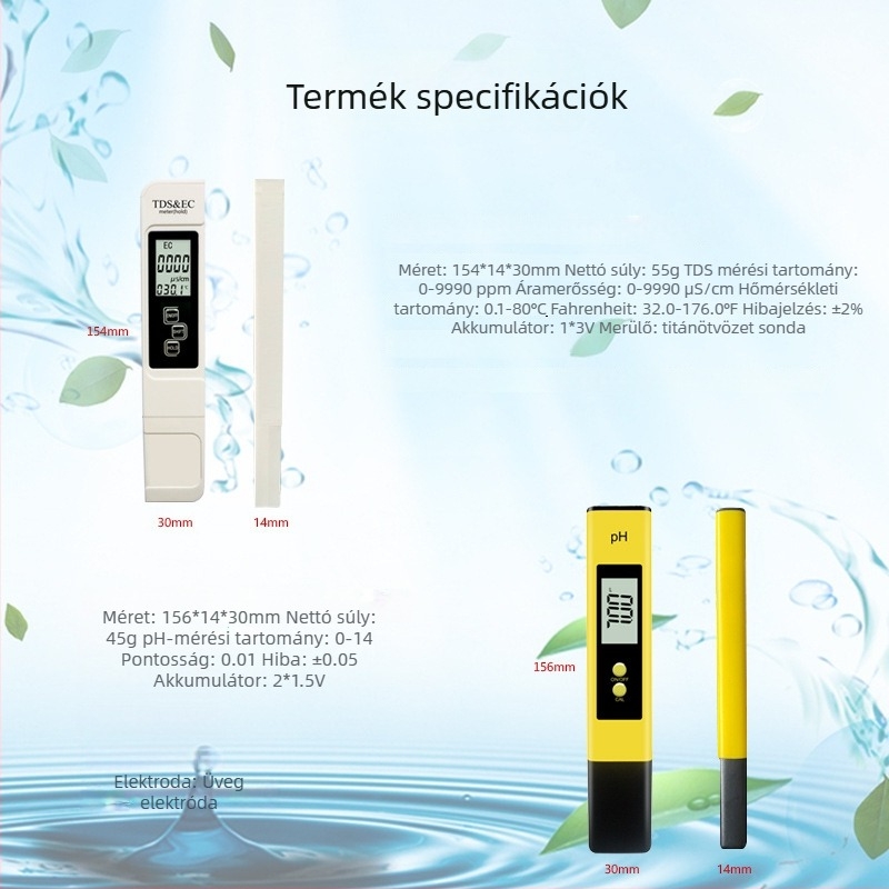 Hordozható vízminőség-analizátor pH és EC/TDS mérésével, tartomány 0-14 pH és 0-9990 ppm, pontosság ±0.05 pH és ±2% ppm, felbontás 0.01 pH / 1 ppm, 3V tápegység