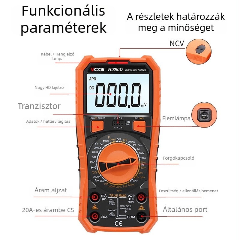 VC890D Digitális multiméter - kézi, professzionális használat, automatikus tartomány, dióda teszt, automatikus kikapcsolás