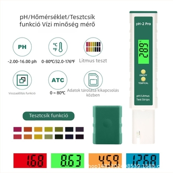 PH-2Pro Hordozható pH-mérő üvegzondával, tartomány -2–16.00 pH, pontosság 0.01, hőmérséklet-kompenzáció 0–60 °C