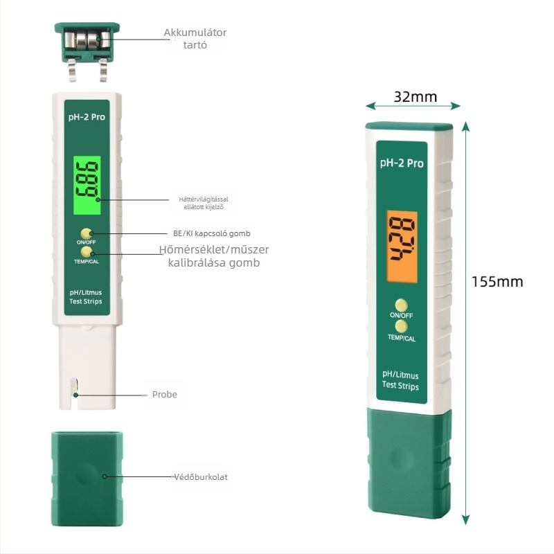 PH-2Pro Hordozható pH-mérő üvegzondával, tartomány -2–16.00 pH, pontosság 0.01, hőmérséklet-kompenzáció 0–60 °C