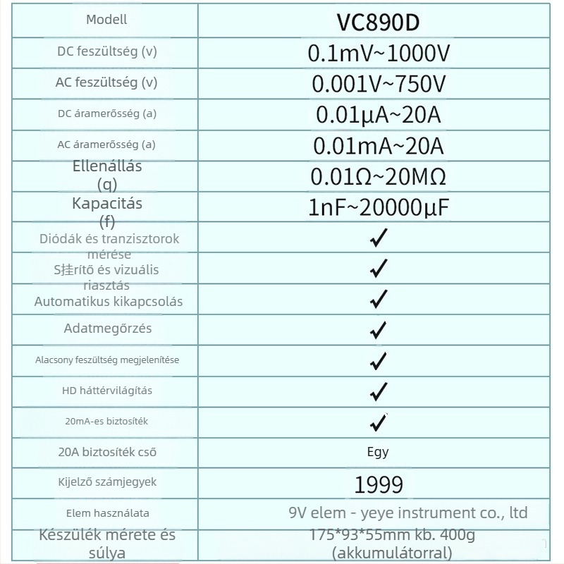 Victor VC890D/C digitális, nagy pontosságú automatikus tartományú mérőműszer LCD kijelzővel, égés elleni védelemmel