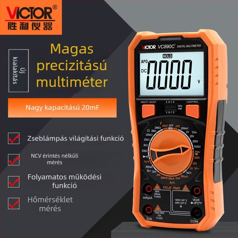 Victor VC890D/C digitális, nagy pontosságú automatikus tartományú mérőműszer LCD kijelzővel, égés elleni védelemmel
