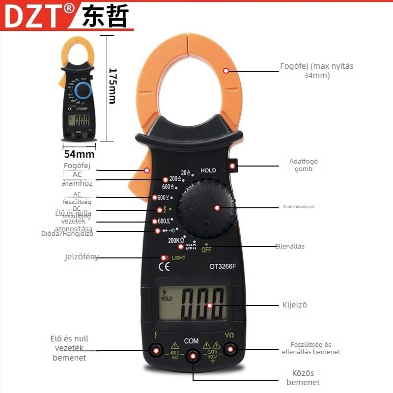 DT3266F klipszes multiméter - nagy pontosságú digitális kijelző, feszültség, áram és ellenállás mérése