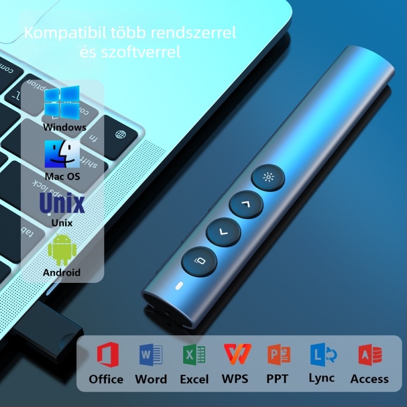 Kétláseres vezeték nélküli fehértábla toll – alumíniumötvözet test, Bluetooth/2.4G, 650 nm lézer, akkumulátor üzemideje >20 óra, modell Ph600-dg-r