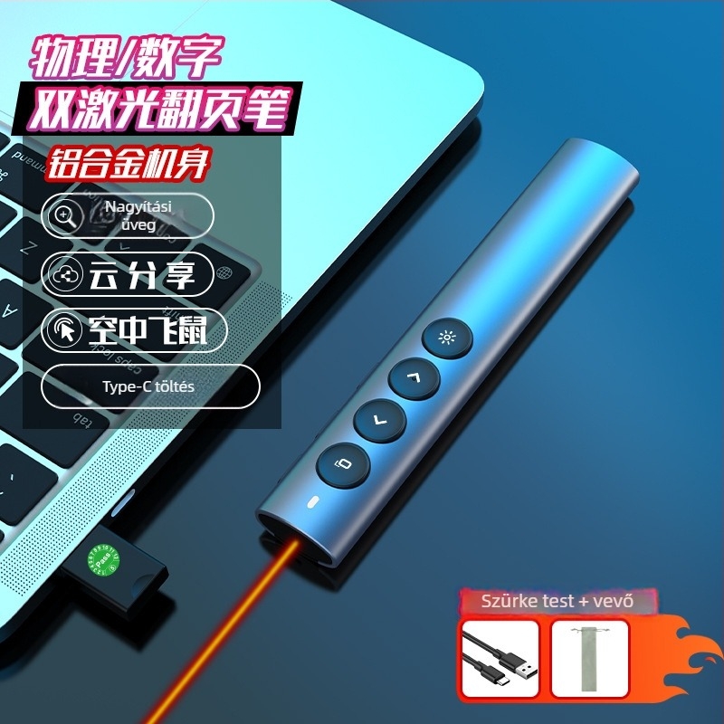 Kétláseres vezeték nélküli fehértábla toll – alumíniumötvözet test, Bluetooth/2.4G, 650 nm lézer, akkumulátor üzemideje >20 óra, modell Ph600-dg-r