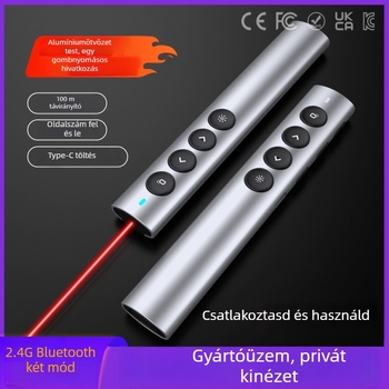 Alumínium ötvözetű vezeték nélküli oktatási és PPT mutató toll Bluetooth/2.4G, 100 m lézeres tartomány, 650 nm lézerhullámhossz, 180 mAh akkumulátor