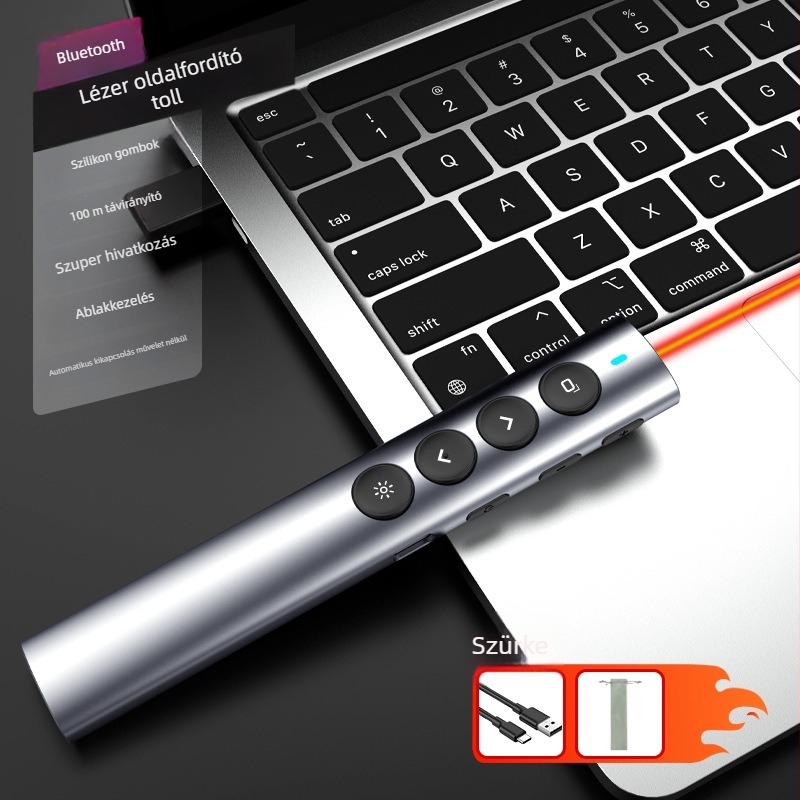 Alumínium ötvözetű vezeték nélküli oktatási és PPT mutató toll Bluetooth/2.4G, 100 m lézeres tartomány, 650 nm lézerhullámhossz, 180 mAh akkumulátor