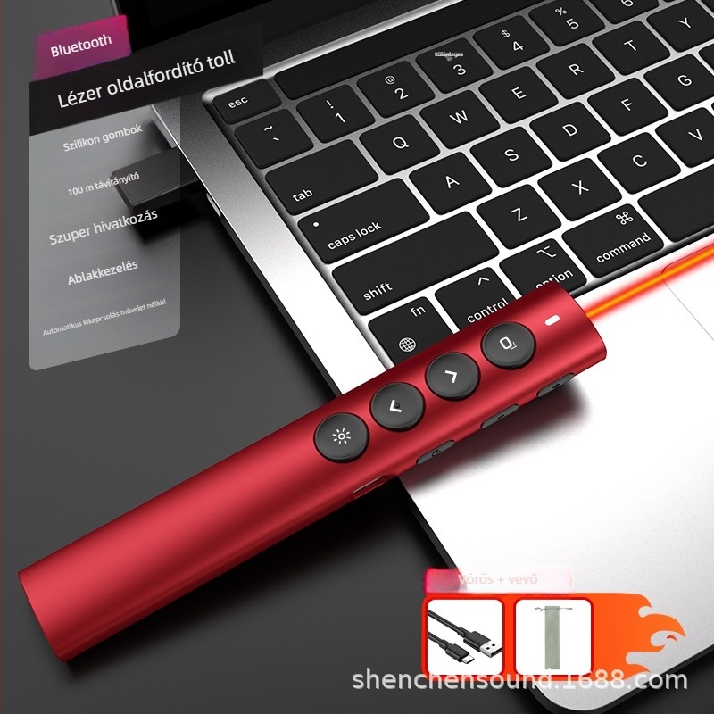 Alumínium ötvözetű vezeték nélküli oktatási és PPT mutató toll Bluetooth/2.4G, 100 m lézeres tartomány, 650 nm lézerhullámhossz, 180 mAh akkumulátor