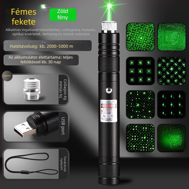 Lézerpointer: hosszú hatótávolságú fénysugár, újratölthető, továbbfejlesztett modell, tisztább sugár