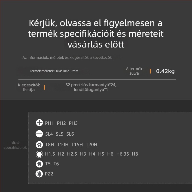 24 az 1-ben racsnis csavarhúzó készlet, mágneses precíz bitekkel és kivehető nyéllel (S2 szerszámacél)