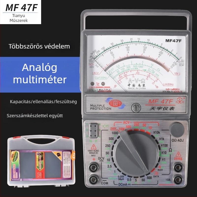 MF47 mutató típusú analóg multiméter – belső mágneses mechanikus rendszer, nagy pontosság, UL tanúsított, diákok számára