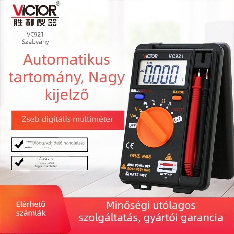 Victor VC921 hordozható digitális multiméter háztartási használatra: AC/DC feszültség mérése, kapacitás, diode teszt, automatikus kikapcsolás