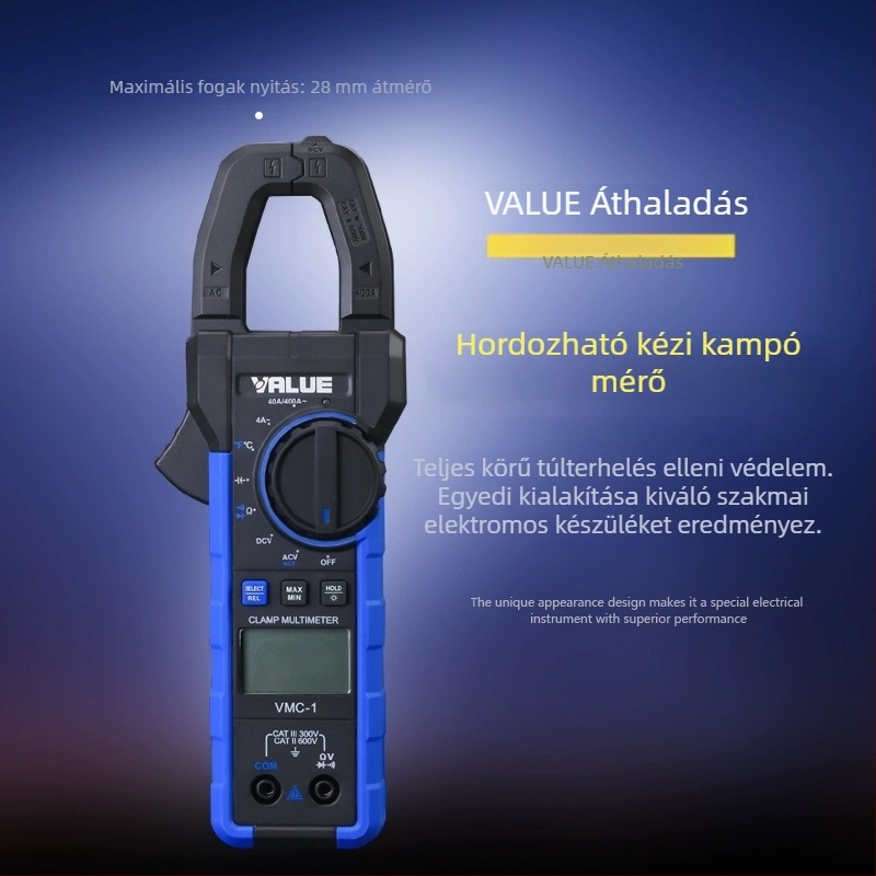 VMC-1 Magas precíziós csipeszes ampermérő és digitális multiméter feszültség- és hőmérséklet-méréssel